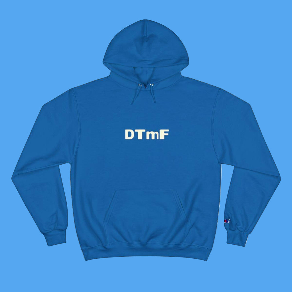 Blue hoodie with 'DTmF' text on a white background