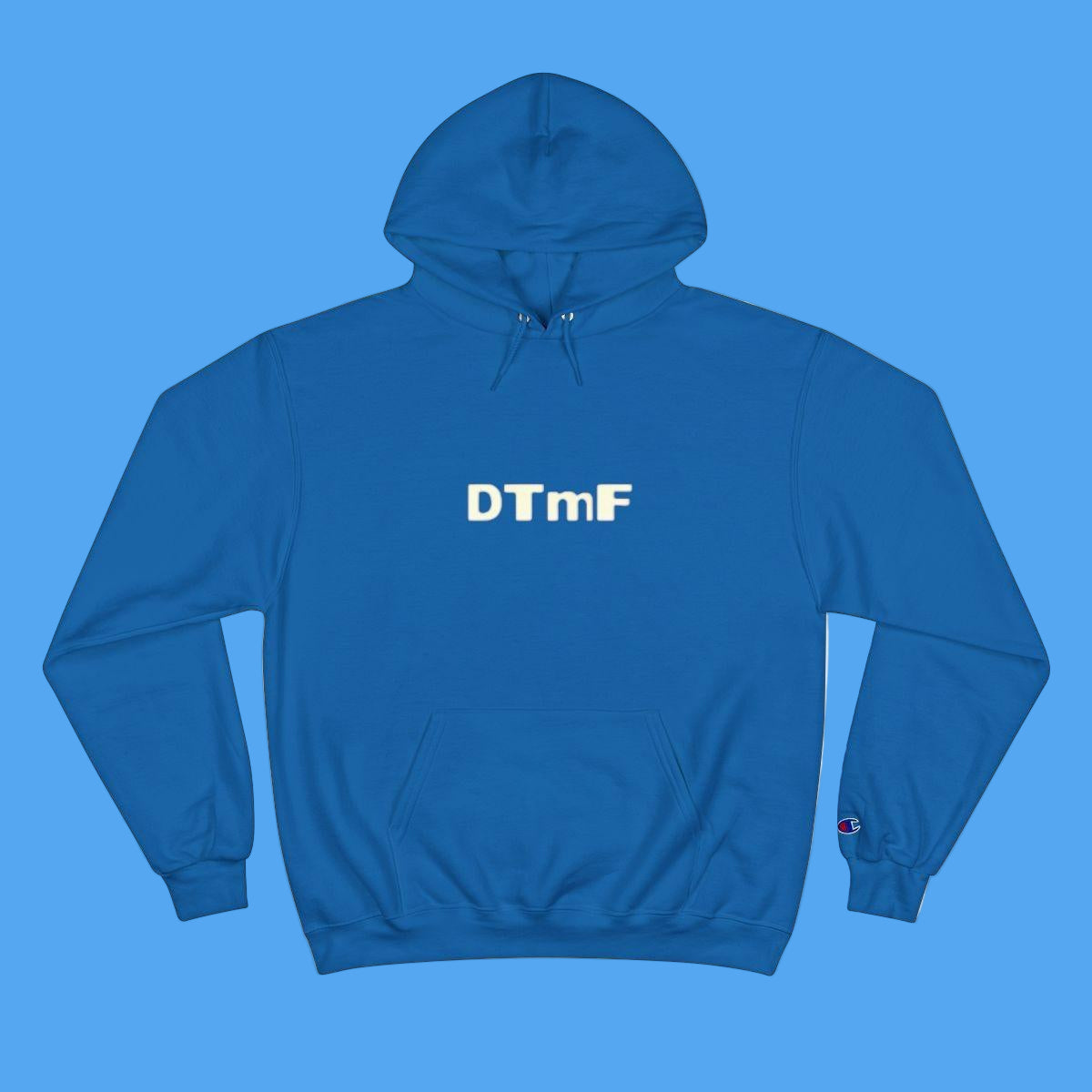 Blue hoodie with 'DTmF' text on a white background