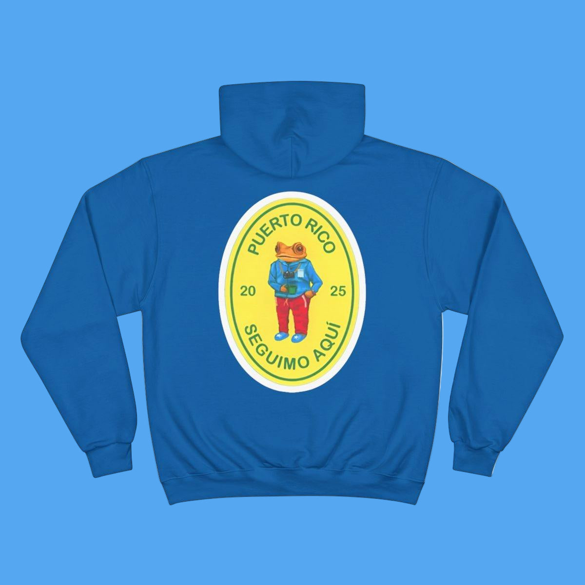 Blue hoodie with a colorful graphic on the back on a white background