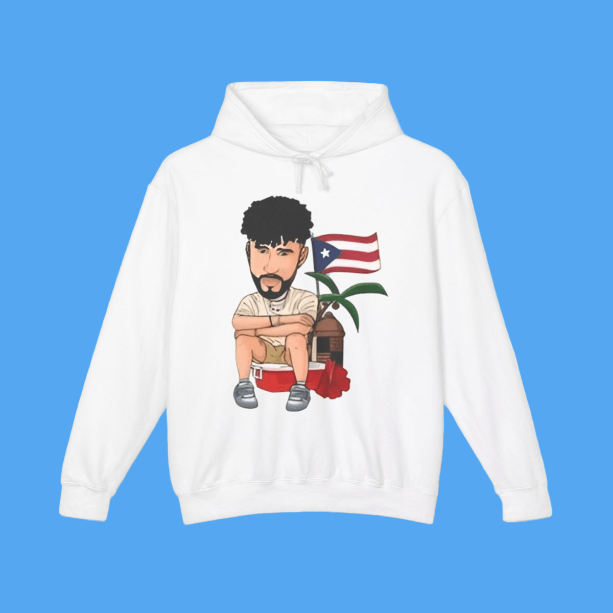 White hoodie with a graphic of a person sitting on a suitcase with a Puerto Rican flag and palm tree.