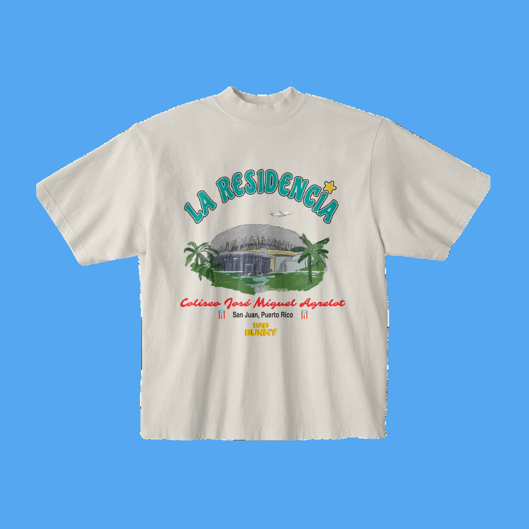 Beige t-shirt with 'La Residencia' graphic design on a white background