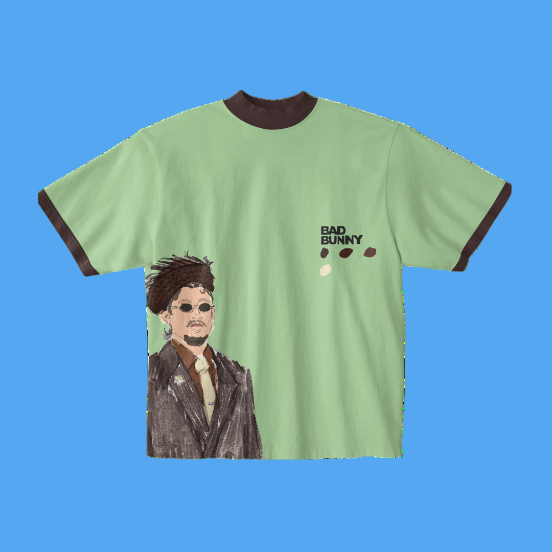 Green t-shirt with a graphic of a person and 'Bad Bunny' text on a white background