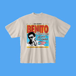 Beige t-shirt with graphic design featuring a person and text on a white background