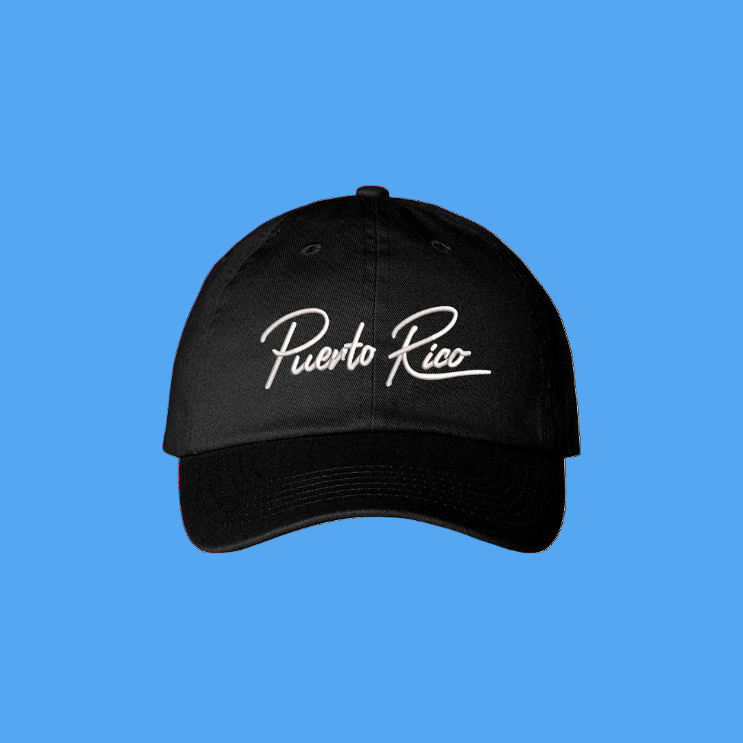 Black cap with 'Puerto Rico' text on a white background