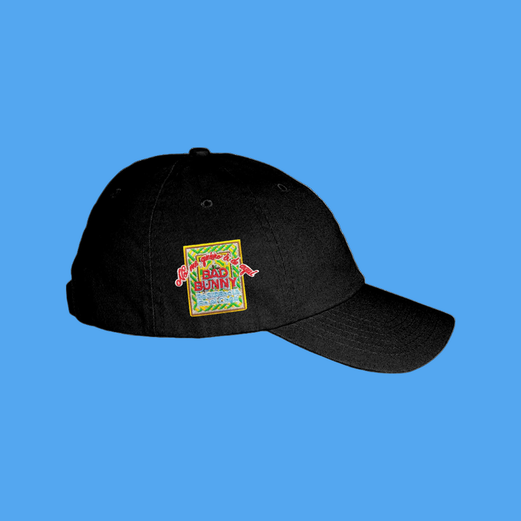 Black cap with colorful graphic design on a white background